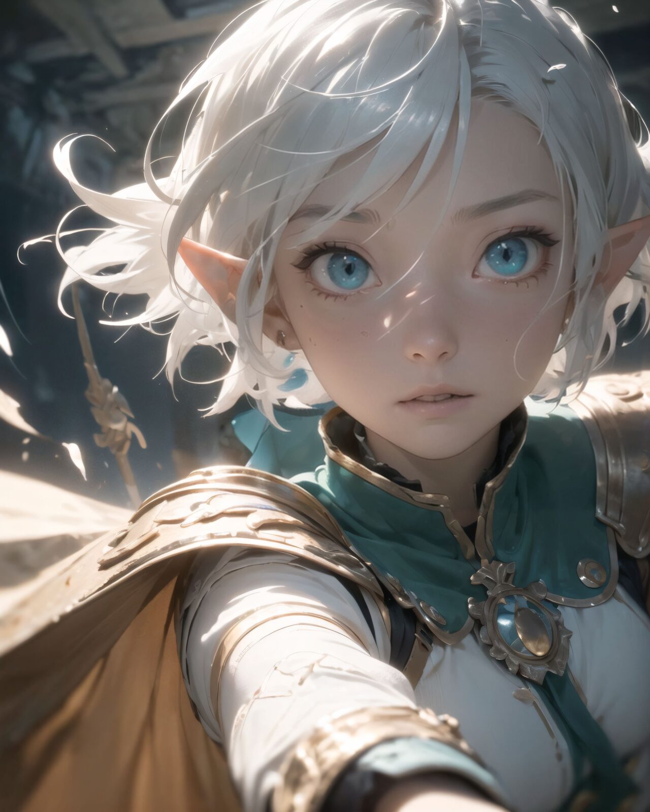 (masterpiece:1.3), (best quality:1.3),
((A charming young kawaii ero elven adventurer),
displaying an innocent yet determined expression,
((Her silver short hair flows gently in the wind):1.6),
complementing her deep emerald-green eyes,
She wears a traveler?s outfit inspired by the natural world:
- A fitted forest-green tunic with golden embroidery,
- A brown leather corset belt securing a utility pouch,
- A flowing dark green cape clasped with a golden brooch,
- Dark brown bracers and knee-high leather boots,
- A quiver of arrows slung across her back, a finely crafted elven bow in her hand,
- Gold-trimmed gloves with delicate vine-like patterns.
):1.2,
((close-up of face):1.4),
((
A tense scene unfolds in an ancient ruin, as Philia senses a disturbance. A low, dull sound echoes from the An ominous sound echoes, a sign of something strange to come.
Background:
(A low, dull sound echoes from deep within the ruins, causing the air to ripple slightly.)
(Sand falls from a gap in the ceiling, causing a faint vibration to shake the ground beneath your feet.)
(The light from the inscription on the wall flickers, becoming unstable.)
(A sense of something great and powerful slumbering deep within the ruins lingers in the air.)
Pose and expression of Philia:
(turns around immediately, sensing alarm and caution)
(puts hand on bow, gesture of caution about what might happen)
(straightens back, eyes wide open, searching for the source of the sound)
):2),
Soft natural lighting casts a warm glow on her features, highlighting the intricate details of her attire and accessories.
The image is captured with a cinematic composition, a balance of sharp focus on her expressive face and a blurred, immersive fantasy background
8k, ultra-detailed, intricate, sharp focus, depth-of-field, photorealistic, fantasy art, atmospheric lighting,
(EasyNegativeV2:-1.5), (worst quality, low quality:-1.2), (bad-hands-5:-1.2), (negative_hand-neg:-1.1)