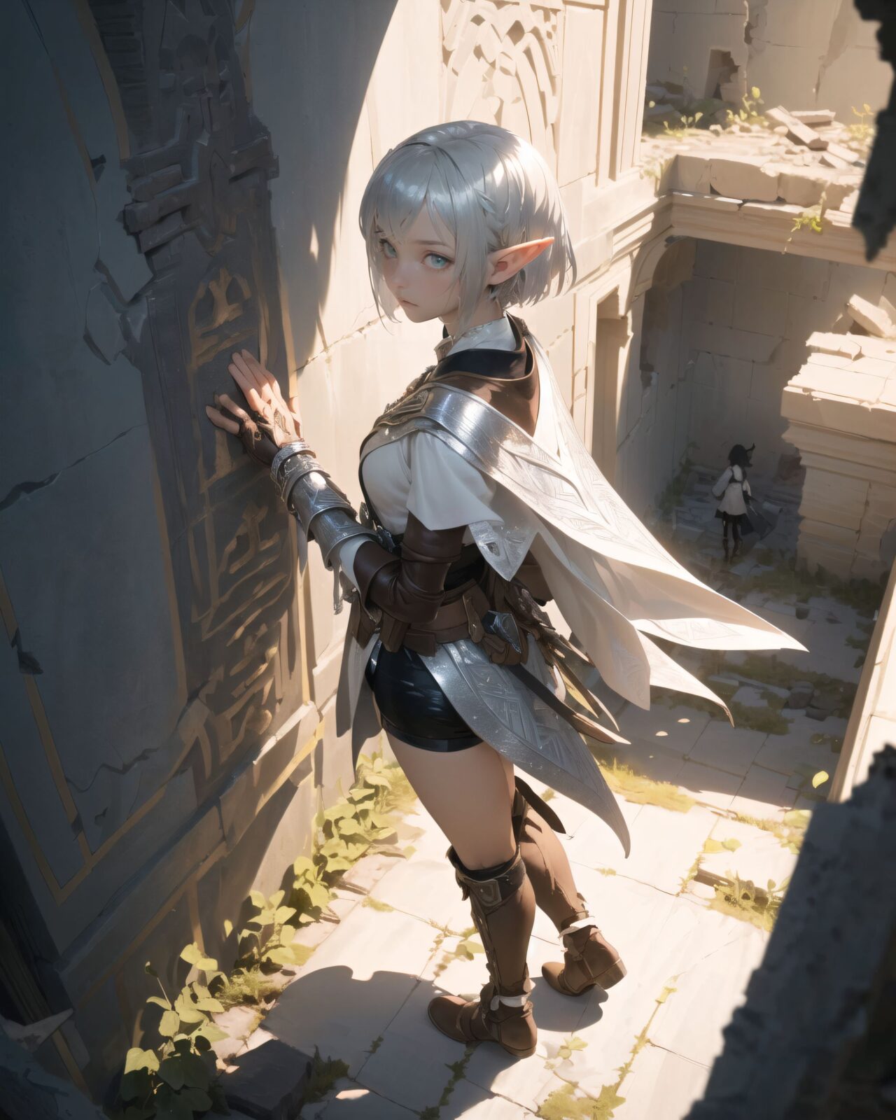 (masterpiece:1.3), (best quality:1.3),
((A charming young kawaii ero elven adventurer),
displaying an innocent yet determined expression,
((Her silver short hair flows gently in the wind):1.6),
complementing her deep emerald-green eyes,
She wears a traveler?s outfit inspired by the natural world:
- A fitted forest-green tunic with golden embroidery,
- A brown leather corset belt securing a utility pouch,
- A flowing dark green cape clasped with a golden brooch,
- Dark brown bracers and knee-high leather boots,
- A quiver of arrows slung across her back, a finely crafted elven bow in her hand,
- Gold-trimmed gloves with delicate vine-like patterns.
):1.2,
((overhead view shot):1.4),
((
((Strange characters are found carved into the wall):1.5),
? Image details
Background:
((Deep within the ruins, ancient inscriptions are carved densely all over the walls):1.5),
The characters are similar to the old Elven language, but have a somewhat different atmosphere.
The surface is smooth, but some of the characters are beginning to fade due to the passage of time.
A pale blue light pulses slowly, enveloping some of the inscriptions.
Pose/expression of Filia:
She stops and looks at the inscription on the wall with interest.
Her eyes are narrowed as she concentrates on trying to decipher it.
She puts one hand on her chin and looks thoughtful.
):1.4),
Soft natural lighting casts a warm glow on her features, highlighting the intricate details of her attire and accessories.
The image is captured with a cinematic composition, a balance of sharp focus on her expressive face and a blurred, immersive fantasy background
8k, ultra-detailed, intricate, sharp focus, depth-of-field, photorealistic, fantasy art, atmospheric lighting,
(EasyNegativeV2:-1.5), (worst quality, low quality:-1.2), (bad-hands-5:-1.2), (negative_hand-neg:-1.1)