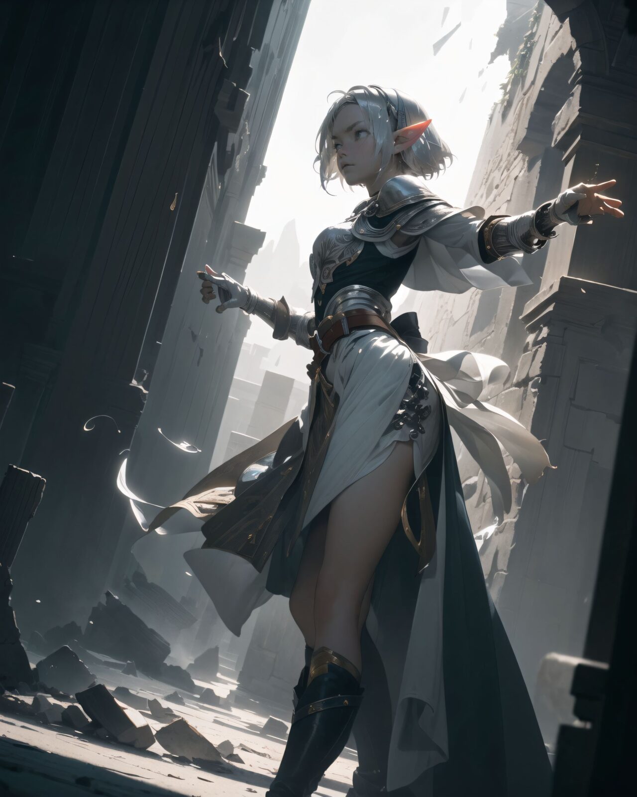 (masterpiece:1.3), (best quality:1.3),
((A charming young kawaii ero elven adventurer),
displaying an innocent yet determined expression,
((Her silver short hair flows gently in the wind):1.6),
complementing her deep emerald-green eyes,
She wears a traveler?s outfit inspired by the natural world:
- A fitted forest-green tunic with golden embroidery,
- A brown leather corset belt securing a utility pouch,
- A flowing dark green cape clasped with a golden brooch,
- Dark brown bracers and knee-high leather boots,
- A quiver of arrows slung across her back, a finely crafted elven bow in her hand,
- Gold-trimmed gloves with delicate vine-like patterns.
):1.2,
((powerful angle shot):1.4),
((
An ominous sound echoes, a sign of something strange about to happen
Background:
A low, dull sound echoes from deep within the ruins, and the air sways slightly.
Sand falls from a gap in the ceiling, and a faint vibration shakes the ground beneath your feet.
The light from the inscription on the wall flickers on and off.
There is a sense that something great is sleeping deep within the ruins.
Pose and expression of Philia:
She senses surprise and alarm, and immediately turns around.
She puts her hand on her bow, a gesture of caution as she waits to see what will happen.
She straightens her back and opens her eyes wide, searching for the source of the sound.
):2),
Soft natural lighting casts a warm glow on her features, highlighting the intricate details of her attire and accessories.
The image is captured with a cinematic composition, a balance of sharp focus on her expressive face and a blurred, immersive fantasy background
8k, ultra-detailed, intricate, sharp focus, depth-of-field, photorealistic, fantasy art, atmospheric lighting,
(EasyNegativeV2:-1.5), (worst quality, low quality:-1.2), (bad-hands-5:-1.2), (negative_hand-neg:-1.1)