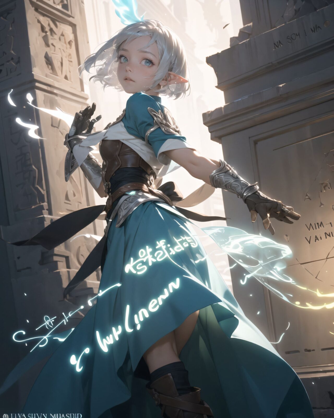 (masterpiece:1.3), (best quality:1.3),
((A charming young kawaii ero elven adventurer),
displaying an innocent yet determined expression,
((Her silver short hair flows gently in the wind):1.6),
complementing her deep emerald-green eyes,
She wears a traveler?s outfit inspired by the natural world:
- A fitted forest-green tunic with golden embroidery,
- A brown leather corset belt securing a utility pouch,
- A flowing dark green cape clasped with a golden brooch,
- Dark brown bracers and knee-high leather boots,
- A quiver of arrows slung across her back, a finely crafted elven bow in her hand,
- Gold-trimmed gloves with delicate vine-like patterns.
):1.2,
((dynamic angle shot):1.4),
((
The inscription gradually begins to glow, and the ancient characters begin to emerge clearly),
(Some of the characters begin to move, as if they are floating in mid-air),
(There are several magical symbols carved into the wall, suggesting that they are part of the seal),
(The air around you changes slightly, and you get the illusion that the ruins have come to life),
:2),
Soft natural lighting casts a warm glow on her features, highlighting the intricate details of her attire and accessories.
The image is captured with a cinematic composition, a balance of sharp focus on her expressive face and a blurred, immersive fantasy background
8k, ultra-detailed, intricate, sharp focus, depth-of-field, photorealistic, fantasy art, atmospheric lighting,
(EasyNegativeV2:-1.5), (worst quality, low quality:-1.2), (bad-hands-5:-1.2), (negative_hand-neg:-1.1)