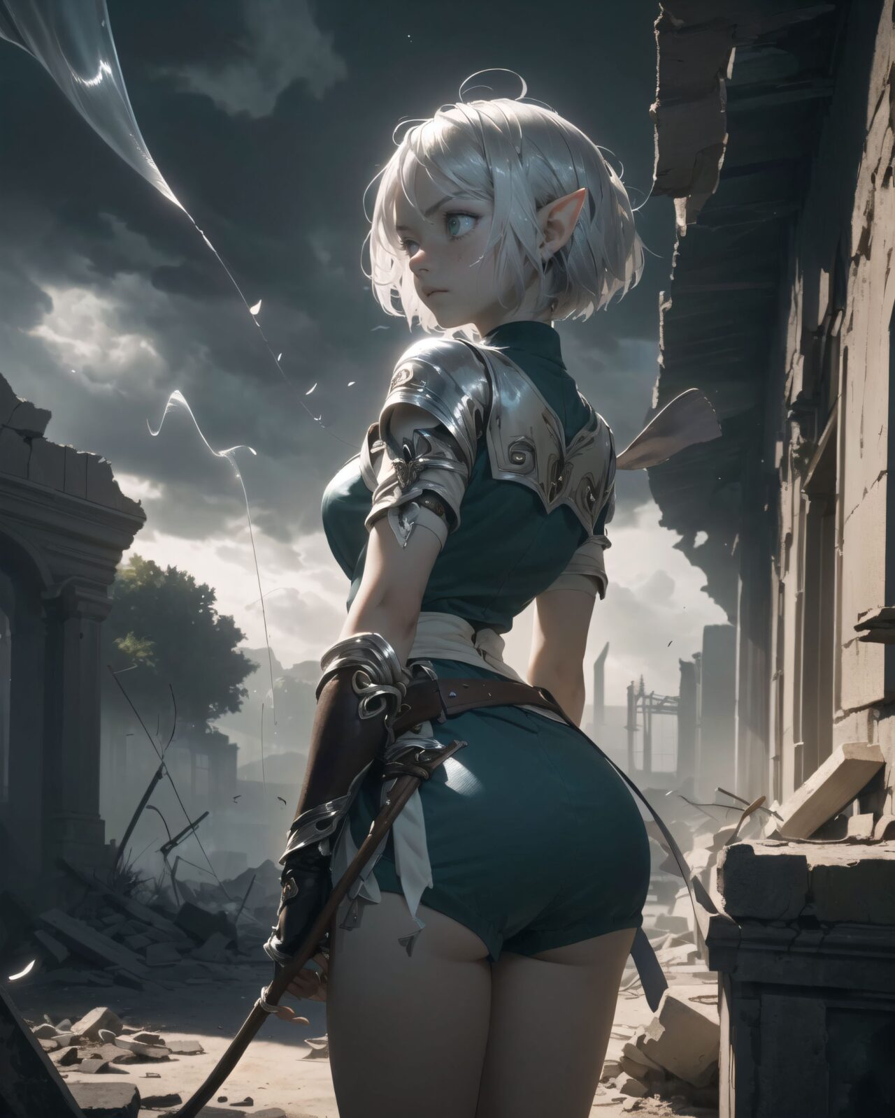 (masterpiece:1.3), (best quality:1.3),
((A charming young kawaii ero elven adventurer),
displaying an innocent yet determined expression,
((Her silver short hair flows gently in the wind):1.6),
complementing her deep emerald-green eyes,
She wears a traveler?s outfit inspired by the natural world:
- A fitted forest-green tunic with golden embroidery,
- A brown leather corset belt securing a utility pouch,
- A flowing dark green cape clasped with a golden brooch,
- Dark brown bracers and knee-high leather boots,
- A quiver of arrows slung across her back, a finely crafted elven bow in her hand,
- Gold-trimmed gloves with delicate vine-like patterns.
):1.2,
((cowboy shot):1.4),
((
An ominous sound echoes, a sign of something strange about to happen
Background:
A low, dull sound echoes from deep within the ruins, and the air sways slightly.
Sand falls from a gap in the ceiling, and a faint vibration shakes the ground beneath your feet.
The light from the inscription on the wall flickers on and off.
There is a sense that something great is sleeping deep within the ruins.
Pose and expression of Philia:
She senses surprise and alarm, and immediately turns around.
She puts her hand on her bow, a gesture of caution as she waits to see what will happen.
She straightens her back and opens her eyes wide, searching for the source of the sound.
):2),
Soft natural lighting casts a warm glow on her features, highlighting the intricate details of her attire and accessories.
The image is captured with a cinematic composition, a balance of sharp focus on her expressive face and a blurred, immersive fantasy background
8k, ultra-detailed, intricate, sharp focus, depth-of-field, photorealistic, fantasy art, atmospheric lighting,
(EasyNegativeV2:-1.5), (worst quality, low quality:-1.2), (bad-hands-5:-1.2), (negative_hand-neg:-1.1)