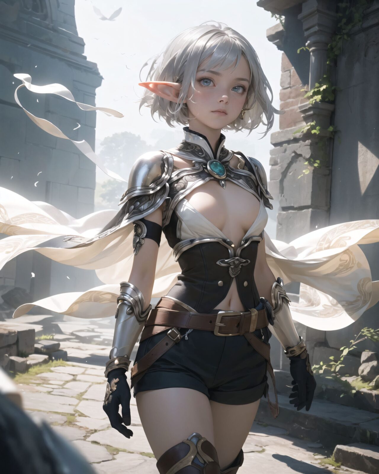 (masterpiece:1.3), (best quality:1.3),
((A charming young kawaii ero elven adventurer),
displaying an innocent yet determined expression,
((Her silver short hair flows gently in the wind):1.6),
complementing her deep emerald-green eyes,
She wears a traveler?s outfit inspired by the natural world:
- A fitted forest-green tunic with golden embroidery,
- A brown leather corset belt securing a utility pouch,
- A flowing dark green cape clasped with a golden brooch,
- Dark brown bracers and knee-high leather boots,
- A quiver of arrows slung across her back, a finely crafted elven bow in her hand,
- Gold-trimmed gloves with delicate vine-like patterns.
):1.2,
((shot with bare breasts as main focus):1.4),
((
The inscription gradually begins to glow, and the ancient characters begin to emerge clearly.
Some of the characters begin to move, as if they are floating in mid-air.
There are several magical symbols carved into the wall, suggesting that they are part of the seal.
The air around you changes slightly, and you get the illusion that the ruins have come to life.
):2),
Soft natural lighting casts a warm glow on her features, highlighting the intricate details of her attire and accessories.
The image is captured with a cinematic composition, a balance of sharp focus on her expressive face and a blurred, immersive fantasy background
8k, ultra-detailed, intricate, sharp focus, depth-of-field, photorealistic, fantasy art, atmospheric lighting,
(EasyNegativeV2:-1.5), (worst quality, low quality:-1.2), (bad-hands-5:-1.2), (negative_hand-neg:-1.1)