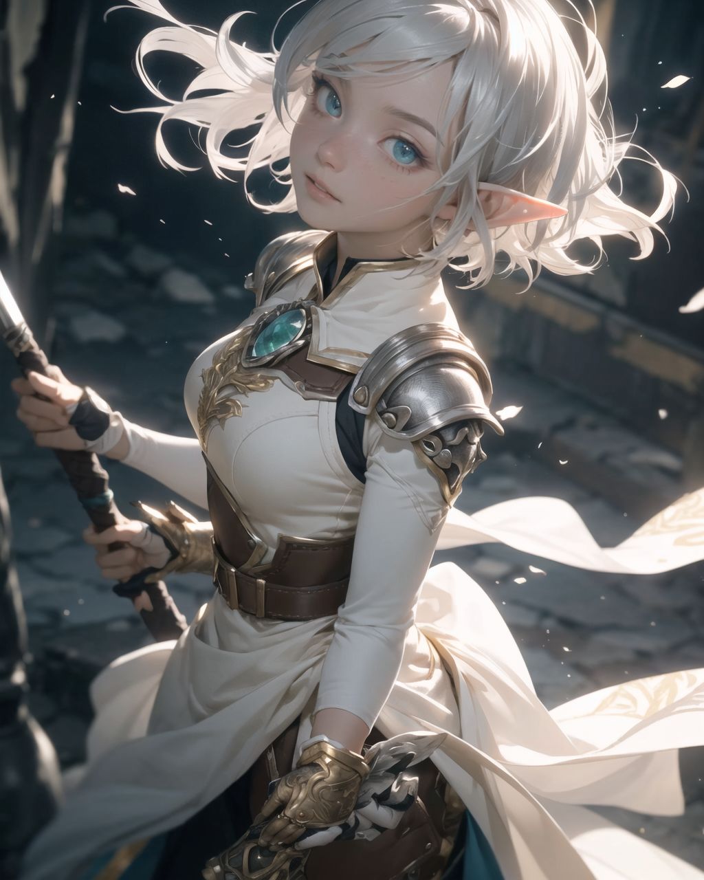 (masterpiece:1.3), (best quality:1.3),
((A charming young kawaii ero elven adventurer),
displaying an innocent yet determined expression,
((Her silver short hair flows gently in the wind):1.6),
complementing her deep emerald-green eyes,
She wears a traveler?s outfit inspired by the natural world:
- A fitted forest-green tunic with golden embroidery,
- A brown leather corset belt securing a utility pouch,
- A flowing dark green cape clasped with a golden brooch,
- Dark brown bracers and knee-high leather boots,
- A quiver of arrows slung across her back, a finely crafted elven bow in her hand,
- Gold-trimmed gloves with delicate vine-like patterns.
):1.2,
((close-up shot):1.4),
((
?Philia is surprised by the guardian stone that suddenly starts to move.?
? Image details to be specified
Background:
The large stone statue in the centre of the hall suddenly starts to move.
The eyes glow a pale blue, and magical patterns appear all over the body.
The ground vibrates, and part of the floor collapses.
There is a space behind the wall of the ruins that suggests that there is more mystery hidden there.
Pose and expression of Philia:
She steps back in surprise.
She reflexively draws her bow and takes a defensive stance.
She stares at the scene before her with a mixture of fear and excitement in her eyes.
):1.4),
Soft natural lighting casts a warm glow on her features, highlighting the intricate details of her attire and accessories.
The image is captured with a cinematic composition, a balance of sharp focus on her expressive face and a blurred, immersive fantasy background
8k, ultra-detailed, intricate, sharp focus, depth-of-field, photorealistic, fantasy art, atmospheric lighting,
(EasyNegativeV2:-1.5), (worst quality, low quality:-1.2), (bad-hands-5:-1.2), (negative_hand-neg:-1.1)