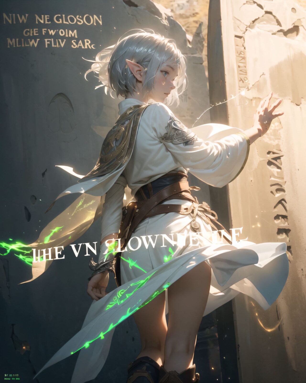 (masterpiece:1.3), (best quality:1.3),
((A charming young kawaii ero elven adventurer),
displaying an innocent yet determined expression,
((Her silver short hair flows gently in the wind):1.6),
complementing her deep emerald-green eyes,
She wears a traveler?s outfit inspired by the natural world:
- A fitted forest-green tunic with golden embroidery,
- A brown leather corset belt securing a utility pouch,
- A flowing dark green cape clasped with a golden brooch,
- Dark brown bracers and knee-high leather boots,
- A quiver of arrows slung across her back, a finely crafted elven bow in her hand,
- Gold-trimmed gloves with delicate vine-like patterns.
):1.2,
((shot from behind):1.4),
(((
The inscription gradually begins to glow, and the ancient characters begin to emerge clearly),
(Some of the characters begin to move, as if they are floating in mid-air),
(There are several magical symbols carved into the wall, suggesting that they are part of the seal),
(The air around you changes slightly, and you get the illusion that the ruins have come to life),
):2),
Soft natural lighting casts a warm glow on her features, highlighting the intricate details of her attire and accessories.
The image is captured with a cinematic composition, a balance of sharp focus on her expressive face and a blurred, immersive fantasy background
8k, ultra-detailed, intricate, sharp focus, depth-of-field, photorealistic, fantasy art, atmospheric lighting,
(EasyNegativeV2:-1.5), (worst quality, low quality:-1.2), (bad-hands-5:-1.2), (negative_hand-neg:-1.1)