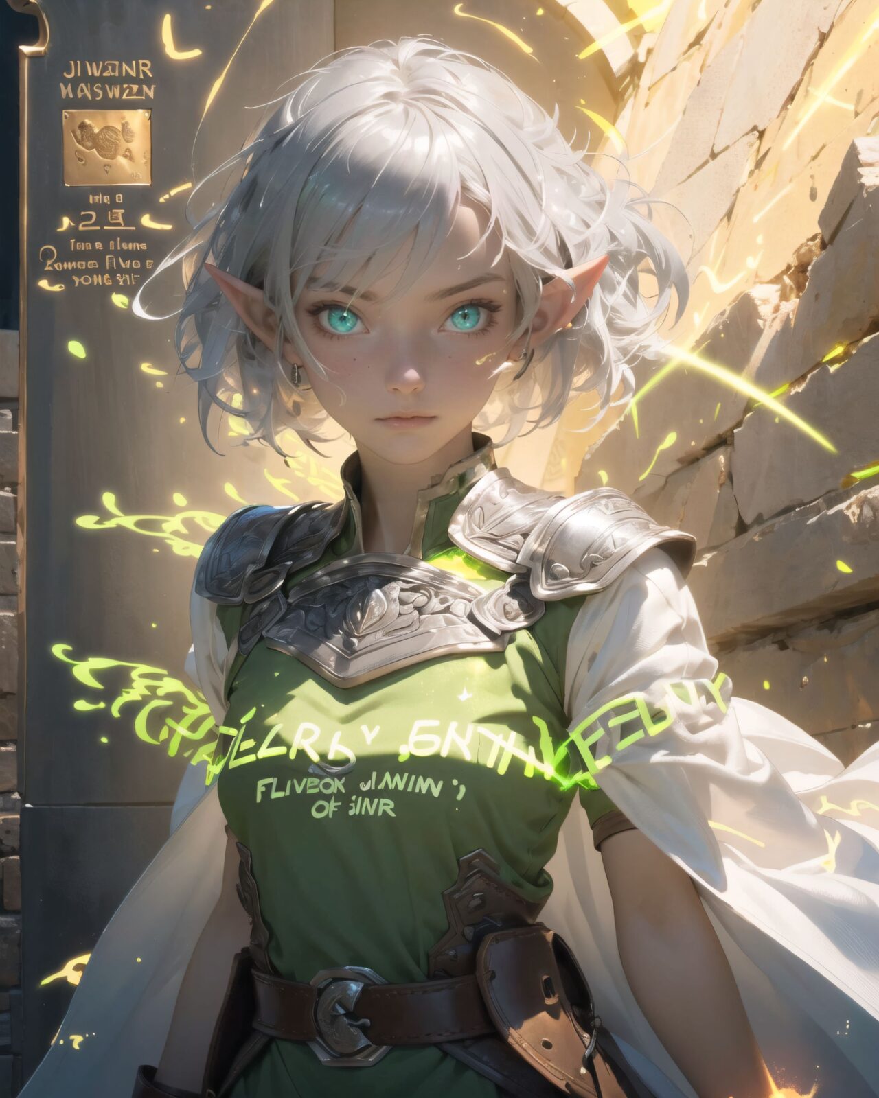 (masterpiece:1.3), (best quality:1.3),
((A charming young kawaii ero elven adventurer),
displaying an innocent yet determined expression,
((Her silver short hair flows gently in the wind):1.6),
complementing her deep emerald-green eyes,
She wears a traveler?s outfit inspired by the natural world:
- A fitted forest-green tunic with golden embroidery,
- A brown leather corset belt securing a utility pouch,
- A flowing dark green cape clasped with a golden brooch,
- Dark brown bracers and knee-high leather boots,
- A quiver of arrows slung across her back, a finely crafted elven bow in her hand,
- Gold-trimmed gloves with delicate vine-like patterns.
):1.2,

((upper body shot):1.4),

(((

The inscription gradually begins to glow, and the ancient characters begin to emerge clearly),
(Some of the characters begin to move, as if they are floating in mid-air),
(There are several magical symbols carved into the wall, suggesting that they are part of the seal),
(The air around you changes slightly, and you get the illusion that the ruins have come to life),

):2),


Soft natural lighting casts a warm glow on her features, highlighting the intricate details of her attire and accessories.
The image is captured with a cinematic composition, a balance of sharp focus on her expressive face and a blurred, immersive fantasy background



8k, ultra-detailed, intricate, sharp focus, depth-of-field, photorealistic, fantasy art, atmospheric lighting,

(EasyNegativeV2:-1.5), (worst quality, low quality:-1.2), (bad-hands-5:-1.2), (negative_hand-neg:-1.1)