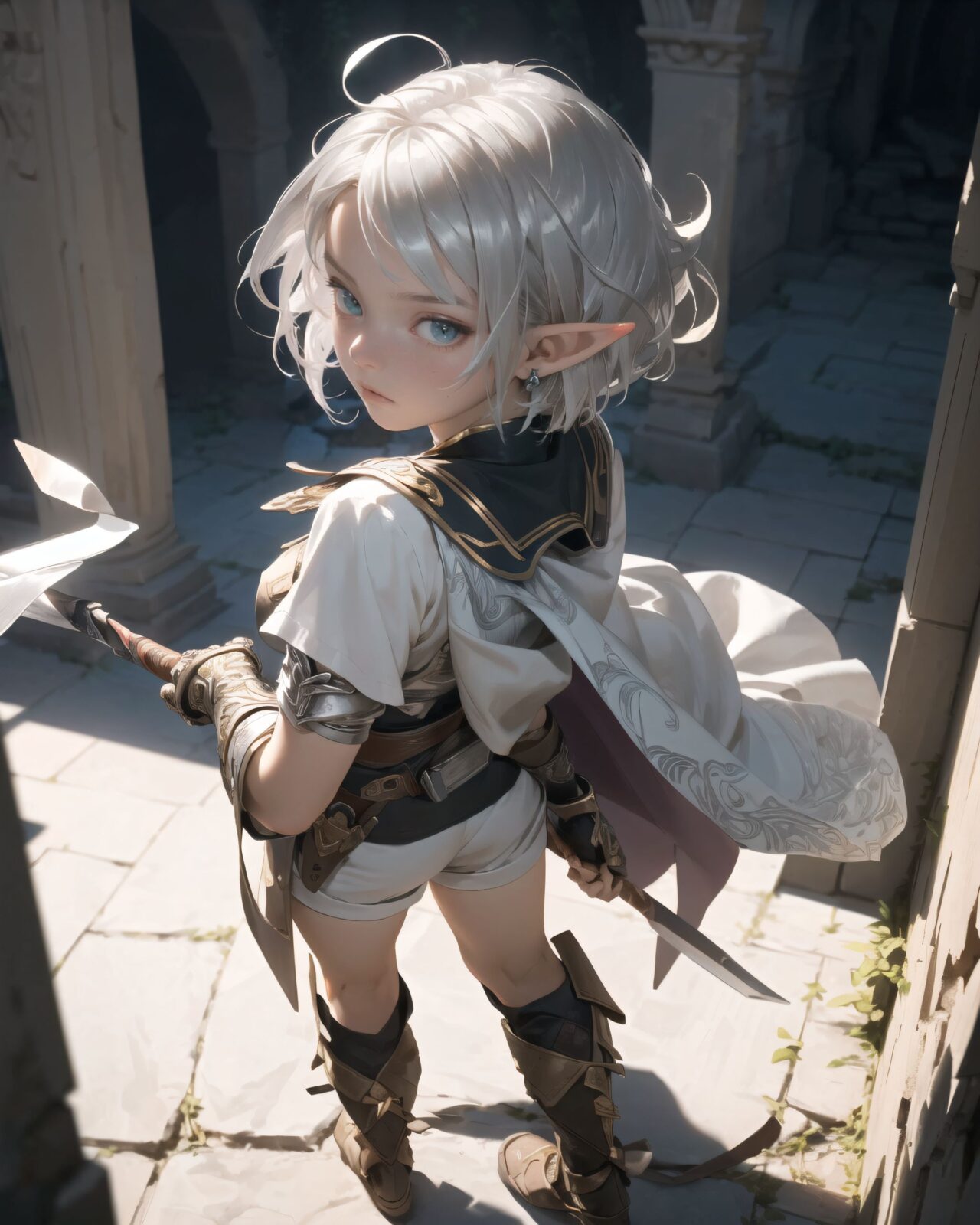 (masterpiece:1.3), (best quality:1.3),
((A charming young kawaii ero elven adventurer),
displaying an innocent yet determined expression,
((Her silver short hair flows gently in the wind):1.6),
complementing her deep emerald-green eyes,
She wears a traveler?s outfit inspired by the natural world:
- A fitted forest-green tunic with golden embroidery,
- A brown leather corset belt securing a utility pouch,
- A flowing dark green cape clasped with a golden brooch,
- Dark brown bracers and knee-high leather boots,
- A quiver of arrows slung across her back, a finely crafted elven bow in her hand,
- Gold-trimmed gloves with delicate vine-like patterns.
):1.2,
((overhead view shot):1.4),
((
Strange characters are found carved into the wall.
? Image details
Background:
Deep within the ruins, ancient inscriptions are carved densely all over the walls.
The characters are similar to the old Elven language, but have a somewhat different atmosphere.
The surface is smooth, but some of the characters are beginning to fade due to the passage of time.
A pale blue light pulses slowly, enveloping some of the inscriptions.
Pose/expression of Filia:
She stops and looks at the inscription on the wall with interest.
Her eyes are narrowed as she concentrates on trying to decipher it.
She puts one hand on her chin and looks thoughtful.
):1.4),
Soft natural lighting casts a warm glow on her features, highlighting the intricate details of her attire and accessories.
The image is captured with a cinematic composition, a balance of sharp focus on her expressive face and a blurred, immersive fantasy background
8k, ultra-detailed, intricate, sharp focus, depth-of-field, photorealistic, fantasy art, atmospheric lighting,
(EasyNegativeV2:-1.5), (worst quality, low quality:-1.2), (bad-hands-5:-1.2), (negative_hand-neg:-1.1)
