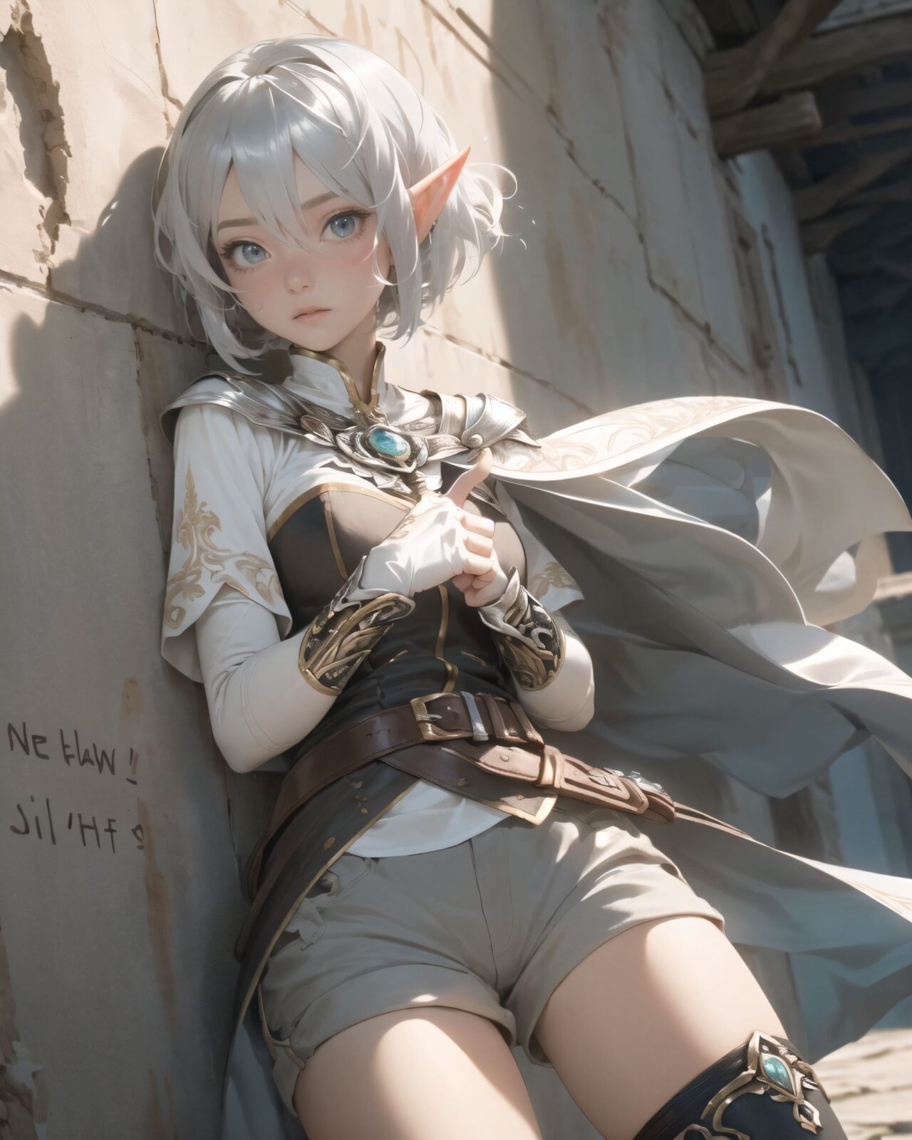 (masterpiece:1.3), (best quality:1.3),
((A charming young kawaii ero elven adventurer),
displaying an innocent yet determined expression,
((Her silver short hair flows gently in the wind):1.6),
complementing her deep emerald-green eyes,
She wears a traveler?s outfit inspired by the natural world:
- A fitted forest-green tunic with golden embroidery,
- A brown leather corset belt securing a utility pouch,
- A flowing dark green cape clasped with a golden brooch,
- Dark brown bracers and knee-high leather boots,
- A quiver of arrows slung across her back, a finely crafted elven bow in her hand,
- Gold-trimmed gloves with delicate vine-like patterns.
):1.2,
((close-up shot):1.4),
((
Filia traces the inscription with her finger,
? Image Details
Background:
(She touches the inscription on the wall with her finger:1.5),
some of the letters she touches are glowing.
The surface of the wall is trembling slightly, showing signs of awakening ancient magic.
In the silence of the ruins, you can see the effect of faint energy waves rippling through the air.
Pose and expression of Philia:
She gently reaches out her finger to the wall and carefully traces the inscription.
She is surprised by the light that spreads out from the tip of her finger.
She senses that something will happen after this.
):1.4),
Soft natural lighting casts a warm glow on her features, highlighting the intricate details of her attire and accessories.
The image is captured with a cinematic composition, a balance of sharp focus on her expressive face and a blurred, immersive fantasy background
8k, ultra-detailed, intricate, sharp focus, depth-of-field, photorealistic, fantasy art, atmospheric lighting,
(EasyNegativeV2:-1.5), (worst quality, low quality:-1.2), (bad-hands-5:-1.2), (negative_hand-neg:-1.1)