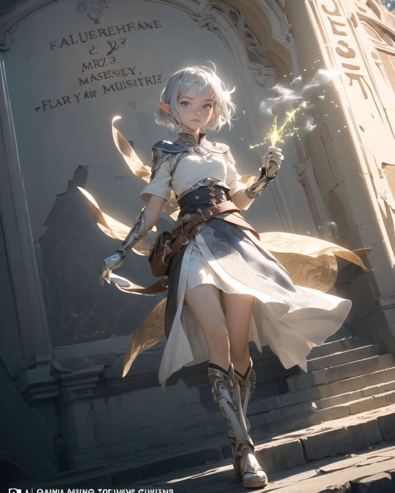(masterpiece:1.3), (best quality:1.3),
((A charming young kawaii ero elven adventurer),
displaying an innocent yet determined expression,
((Her silver short hair flows gently in the wind):1.6),
complementing her deep emerald-green eyes,
She wears a traveler?s outfit inspired by the natural world:
- A fitted forest-green tunic with golden embroidery,
- A brown leather corset belt securing a utility pouch,
- A flowing dark green cape clasped with a golden brooch,
- Dark brown bracers and knee-high leather boots,
- A quiver of arrows slung across her back, a finely crafted elven bow in her hand,
- Gold-trimmed gloves with delicate vine-like patterns.
):1.2,
((powerful angle shot):1.4),
((
The inscription gradually begins to glow, and the ancient characters begin to emerge clearly),
(Some of the characters begin to move, as if they are floating in mid-air),
(There are several magical symbols carved into the wall, suggesting that they are part of the seal),
(The air around you changes slightly, and you get the illusion that the ruins have come to life),
:2),
Soft natural lighting casts a warm glow on her features, highlighting the intricate details of her attire and accessories.
The image is captured with a cinematic composition, a balance of sharp focus on her expressive face and a blurred, immersive fantasy background
8k, ultra-detailed, intricate, sharp focus, depth-of-field, photorealistic, fantasy art, atmospheric lighting,
(EasyNegativeV2:-1.5), (worst quality, low quality:-1.2), (bad-hands-5:-1.2), (negative_hand-neg:-1.1)
