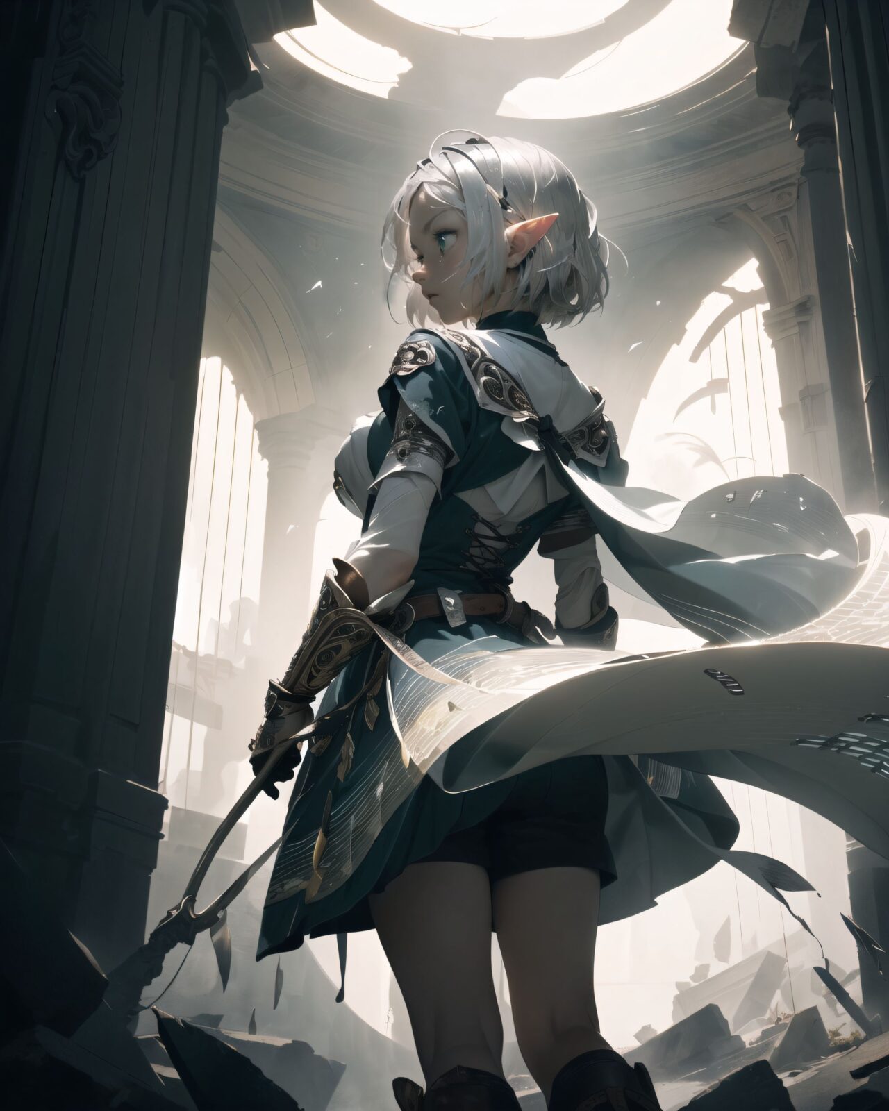(masterpiece:1.3), (best quality:1.3),
((A charming young kawaii ero elven adventurer),
displaying an innocent yet determined expression,
((Her silver short hair flows gently in the wind):1.6),
complementing her deep emerald-green eyes,
She wears a traveler?s outfit inspired by the natural world:
- A fitted forest-green tunic with golden embroidery,
- A brown leather corset belt securing a utility pouch,
- A flowing dark green cape clasped with a golden brooch,
- Dark brown bracers and knee-high leather boots,
- A quiver of arrows slung across her back, a finely crafted elven bow in her hand,
- Gold-trimmed gloves with delicate vine-like patterns.
):1.2,
((shot of back):1.4),
((
An ominous sound echoes, a sign of something strange about to happen
Background:
A low, dull sound echoes from deep within the ruins, and the air sways slightly.
Sand falls from a gap in the ceiling, and a faint vibration shakes the ground beneath your feet.
The light from the inscription on the wall flickers on and off.
There is a sense that something great is sleeping deep within the ruins.
Pose and expression of Philia:
She senses surprise and alarm, and immediately turns around.
She puts her hand on her bow, a gesture of caution as she waits to see what will happen.
She straightens her back and opens her eyes wide, searching for the source of the sound.
):2),
Soft natural lighting casts a warm glow on her features, highlighting the intricate details of her attire and accessories.
The image is captured with a cinematic composition, a balance of sharp focus on her expressive face and a blurred, immersive fantasy background
8k, ultra-detailed, intricate, sharp focus, depth-of-field, photorealistic, fantasy art, atmospheric lighting,
(EasyNegativeV2:-1.5), (worst quality, low quality:-1.2), (bad-hands-5:-1.2), (negative_hand-neg:-1.1)