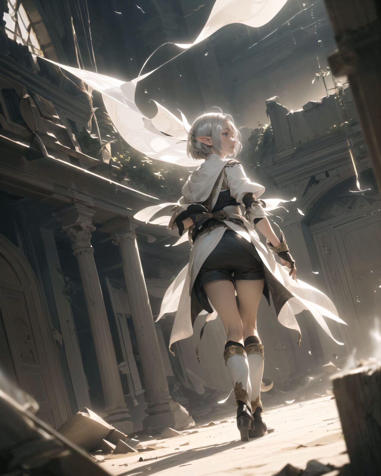 (masterpiece:1.3), (best quality:1.3),
((A charming young kawaii ero elven adventurer),
displaying an innocent yet determined expression,
((Her silver short hair flows gently in the wind):1.6),
complementing her deep emerald-green eyes,
She wears a traveler?s outfit inspired by the natural world:
- A fitted forest-green tunic with golden embroidery,
- A brown leather corset belt securing a utility pouch,
- A flowing dark green cape clasped with a golden brooch,
- Dark brown bracers and knee-high leather boots,
- A quiver of arrows slung across her back, a finely crafted elven bow in her hand,
- Gold-trimmed gloves with delicate vine-like patterns.
):1.2,
((dynamic angle shot):1.4),
((
An ominous sound echoes, a sign of something strange about to happen
Background:
A low, dull sound echoes from deep within the ruins, and the air sways slightly.
Sand falls from a gap in the ceiling, and a faint vibration shakes the ground beneath your feet.
The light from the inscription on the wall flickers on and off.
There is a sense that something great is sleeping deep within the ruins.
Pose and expression of Philia:
She senses surprise and alarm, and immediately turns around.
She puts her hand on her bow, a gesture of caution as she waits to see what will happen.
She straightens her back and opens her eyes wide, searching for the source of the sound.
):2),
Soft natural lighting casts a warm glow on her features, highlighting the intricate details of her attire and accessories.
The image is captured with a cinematic composition, a balance of sharp focus on her expressive face and a blurred, immersive fantasy background
8k, ultra-detailed, intricate, sharp focus, depth-of-field, photorealistic, fantasy art, atmospheric lighting,
(EasyNegativeV2:-1.5), (worst quality, low quality:-1.2), (bad-hands-5:-1.2), (negative_hand-neg:-1.1)