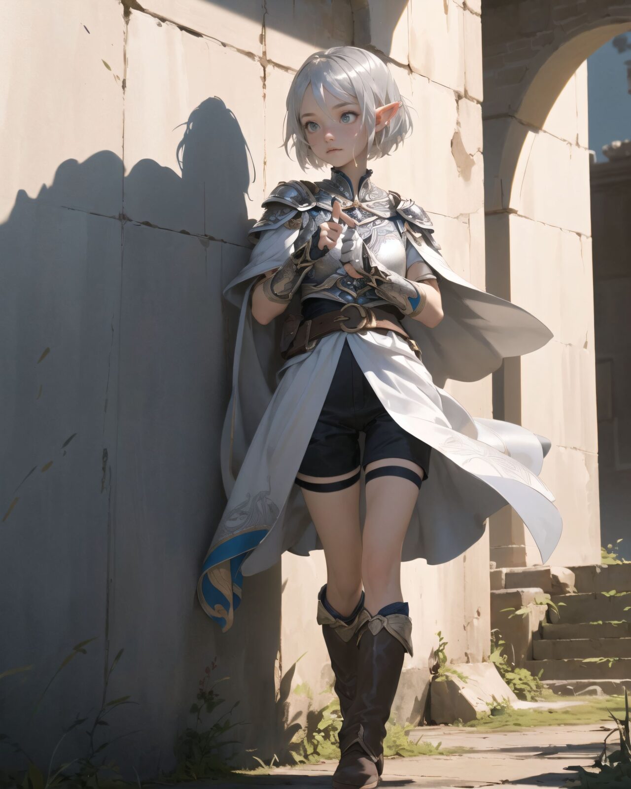 (masterpiece:1.3), (best quality:1.3),
((A charming young kawaii ero elven adventurer),
displaying an innocent yet determined expression,
((Her silver short hair flows gently in the wind):1.6),
complementing her deep emerald-green eyes,
She wears a traveler?s outfit inspired by the natural world:
- A fitted forest-green tunic with golden embroidery,
- A brown leather corset belt securing a utility pouch,
- A flowing dark green cape clasped with a golden brooch,
- Dark brown bracers and knee-high leather boots,
- A quiver of arrows slung across her back, a finely crafted elven bow in her hand,
- Gold-trimmed gloves with delicate vine-like patterns.
):1.2,
((shot showing a small person in a scene setting):1.4),
((
Filia traces the inscription with her finger,
? Image Details
Background:
(She touches the inscription on the wall with her finger:1.5),
some of the letters she touches are glowing.
The surface of the wall is trembling slightly, showing signs of awakening ancient magic.
In the silence of the ruins, you can see the effect of faint energy waves rippling through the air.
Pose and expression of Philia:
She gently reaches out her finger to the wall and carefully traces the inscription.
She is surprised by the light that spreads out from the tip of her finger.
She senses that something will happen after this.
):1.4),
Soft natural lighting casts a warm glow on her features, highlighting the intricate details of her attire and accessories.
The image is captured with a cinematic composition, a balance of sharp focus on her expressive face and a blurred, immersive fantasy background
8k, ultra-detailed, intricate, sharp focus, depth-of-field, photorealistic, fantasy art, atmospheric lighting,
(EasyNegativeV2:-1.5), (worst quality, low quality:-1.2), (bad-hands-5:-1.2), (negative_hand-neg:-1.1)