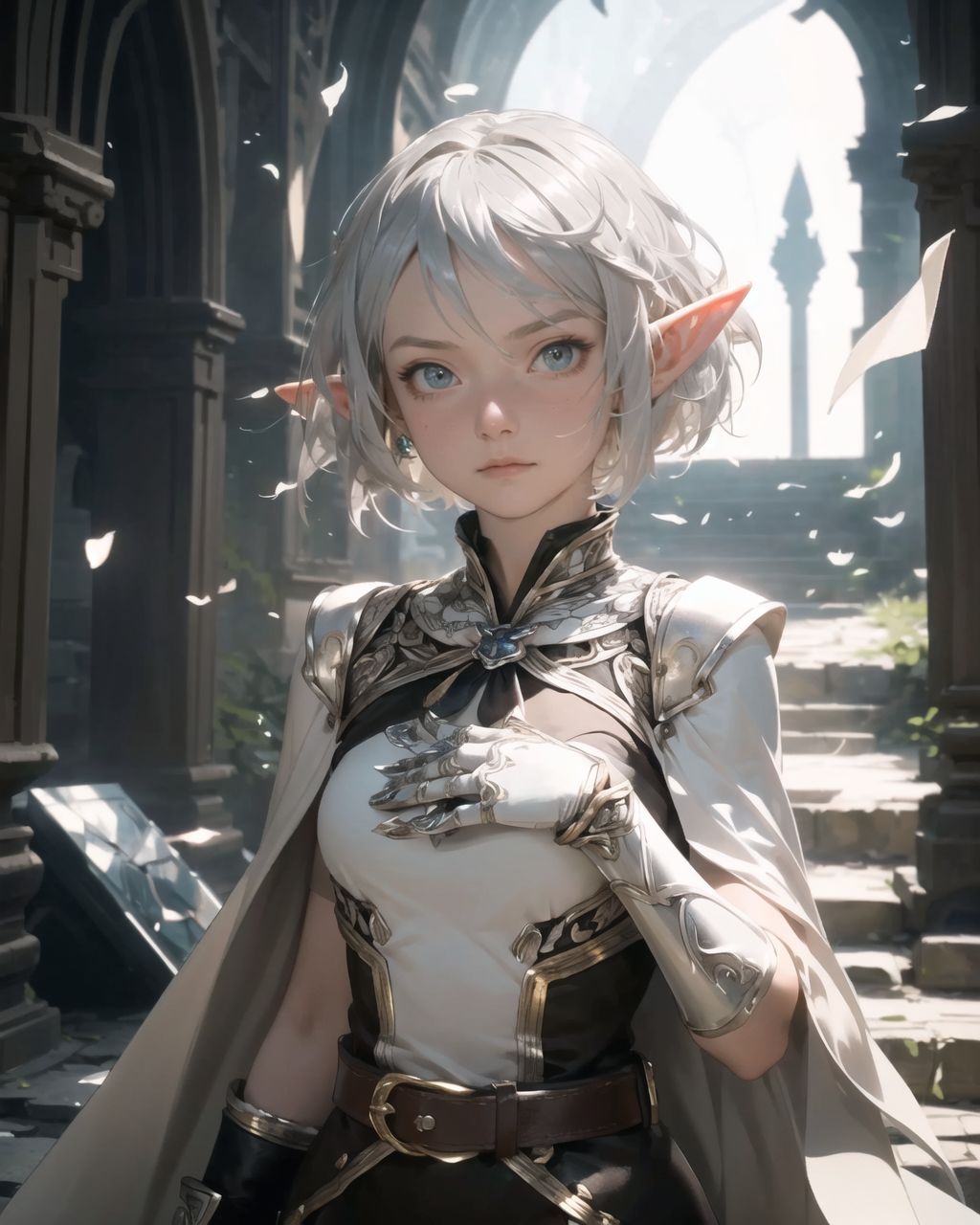 (masterpiece:1.3), (best quality:1.3),
((A charming young kawaii ero elven adventurer),
displaying an innocent yet determined expression,
((Her silver short hair flows gently in the wind):1.6),
complementing her deep emerald-green eyes,
She wears a traveler?s outfit inspired by the natural world:
- A fitted forest-green tunic with golden embroidery,
- A brown leather corset belt securing a utility pouch,
- A flowing dark green cape clasped with a golden brooch,
- Dark brown bracers and knee-high leather boots,
- A quiver of arrows slung across her back, a finely crafted elven bow in her hand,
- Gold-trimmed gloves with delicate vine-like patterns.
):1.2,
((upper body shot):1.4),
((
?Philia is surprised by the guardian stone that suddenly starts to move.?
? Image details to be specified
Background:
The large stone statue in the centre of the hall suddenly starts to move.
The eyes glow a pale blue, and magical patterns appear all over the body.
The ground vibrates, and part of the floor collapses.
There is a space behind the wall of the ruins that suggests that there is more mystery hidden there.
Pose and expression of Philia:
She steps back in surprise.
She reflexively draws her bow and takes a defensive stance.
She stares at the scene before her with a mixture of fear and excitement in her eyes.
):1.4),
Soft natural lighting casts a warm glow on her features, highlighting the intricate details of her attire and accessories.
The image is captured with a cinematic composition, a balance of sharp focus on her expressive face and a blurred, immersive fantasy background
8k, ultra-detailed, intricate, sharp focus, depth-of-field, photorealistic, fantasy art, atmospheric lighting,
(EasyNegativeV2:-1.5), (worst quality, low quality:-1.2), (bad-hands-5:-1.2), (negative_hand-neg:-1.1)