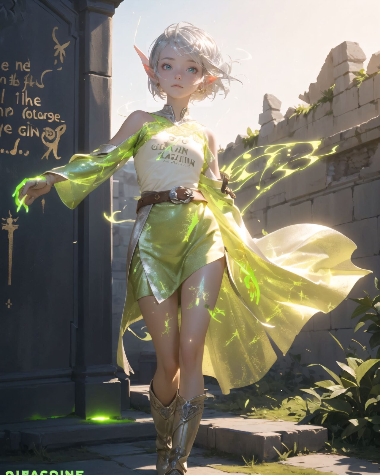 (masterpiece:1.3), (best quality:1.3),
((A charming young kawaii ero elven adventurer),
displaying an innocent yet determined expression,
((Her silver short hair flows gently in the wind):1.6),
complementing her deep emerald-green eyes,
She wears a traveler?s outfit inspired by the natural world:
- A fitted forest-green tunic with golden embroidery,
- A brown leather corset belt securing a utility pouch,
- A flowing dark green cape clasped with a golden brooch,
- Dark brown bracers and knee-high leather boots,
- A quiver of arrows slung across her back, a finely crafted elven bow in her hand,
- Gold-trimmed gloves with delicate vine-like patterns.
):1.2,
((shot of person naked):1.4),
((
The inscription gradually begins to glow, and the ancient characters begin to emerge clearly),
(Some of the characters begin to move, as if they are floating in mid-air),
(There are several magical symbols carved into the wall, suggesting that they are part of the seal),
(The air around you changes slightly, and you get the illusion that the ruins have come to life),
:2),
Soft natural lighting casts a warm glow on her features, highlighting the intricate details of her attire and accessories.
The image is captured with a cinematic composition, a balance of sharp focus on her expressive face and a blurred, immersive fantasy background
8k, ultra-detailed, intricate, sharp focus, depth-of-field, photorealistic, fantasy art, atmospheric lighting,
(EasyNegativeV2:-1.5), (worst quality, low quality:-1.2), (bad-hands-5:-1.2), (negative_hand-neg:-1.1)
