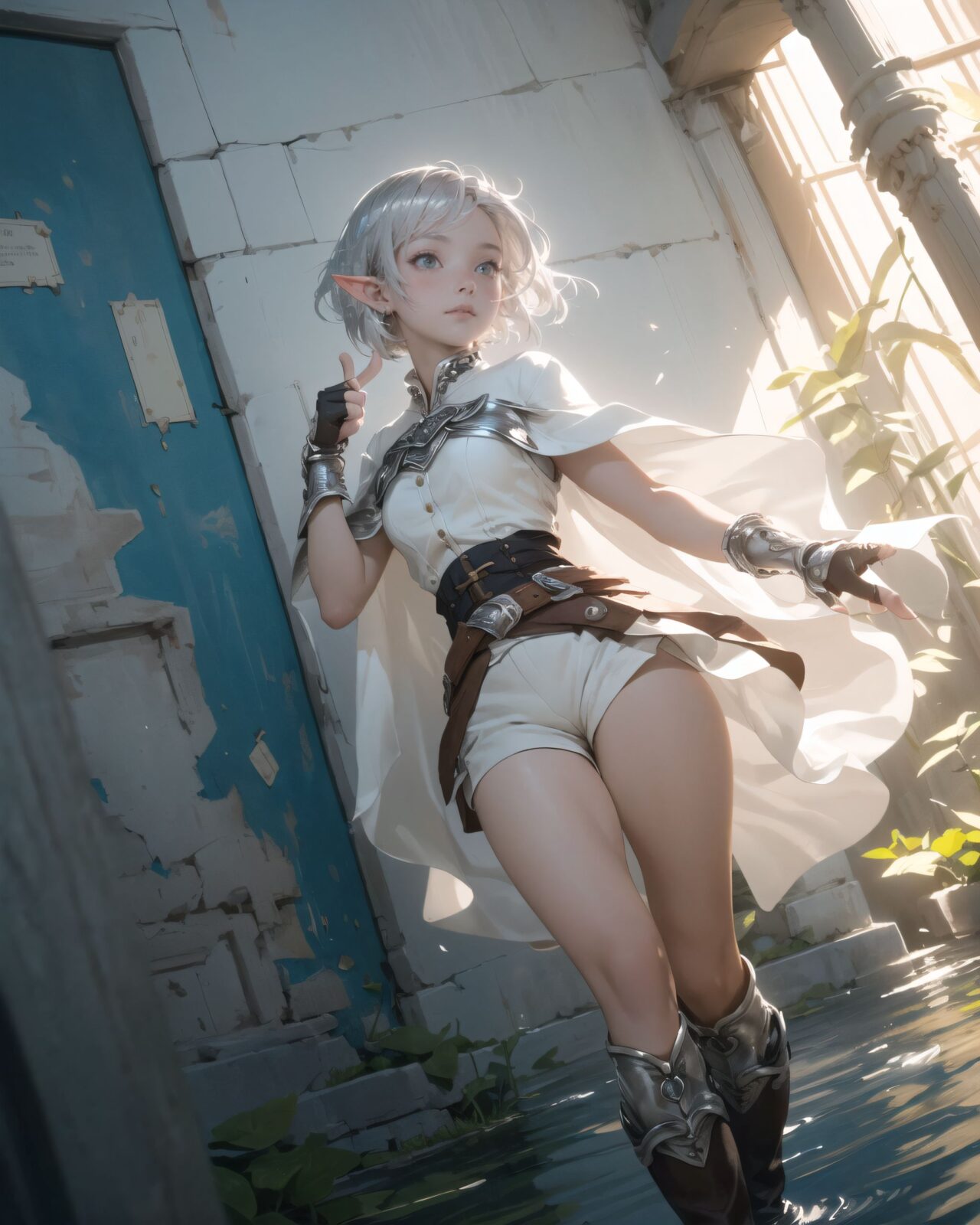 (masterpiece:1.3), (best quality:1.3),
((A charming young kawaii ero elven adventurer),
displaying an innocent yet determined expression,
((Her silver short hair flows gently in the wind):1.6),
complementing her deep emerald-green eyes,
She wears a traveler?s outfit inspired by the natural world:
- A fitted forest-green tunic with golden embroidery,
- A brown leather corset belt securing a utility pouch,
- A flowing dark green cape clasped with a golden brooch,
- Dark brown bracers and knee-high leather boots,
- A quiver of arrows slung across her back, a finely crafted elven bow in her hand,
- Gold-trimmed gloves with delicate vine-like patterns.
):1.2,
((dynamic angle shot):1.4),
((
Filia traces the inscription with her finger,
? Image Details
Background:
(She touches the inscription on the wall with her finger:1.5),
some of the letters she touches are glowing.
The surface of the wall is trembling slightly, showing signs of awakening ancient magic.
In the silence of the ruins, you can see the effect of faint energy waves rippling through the air.
Pose and expression of Philia:
She gently reaches out her finger to the wall and carefully traces the inscription.
She is surprised by the light that spreads out from the tip of her finger.
She senses that something will happen after this.
):1.4),
Soft natural lighting casts a warm glow on her features, highlighting the intricate details of her attire and accessories.
The image is captured with a cinematic composition, a balance of sharp focus on her expressive face and a blurred, immersive fantasy background
8k, ultra-detailed, intricate, sharp focus, depth-of-field, photorealistic, fantasy art, atmospheric lighting,
(EasyNegativeV2:-1.5), (worst quality, low quality:-1.2), (bad-hands-5:-1.2), (negative_hand-neg:-1.1)