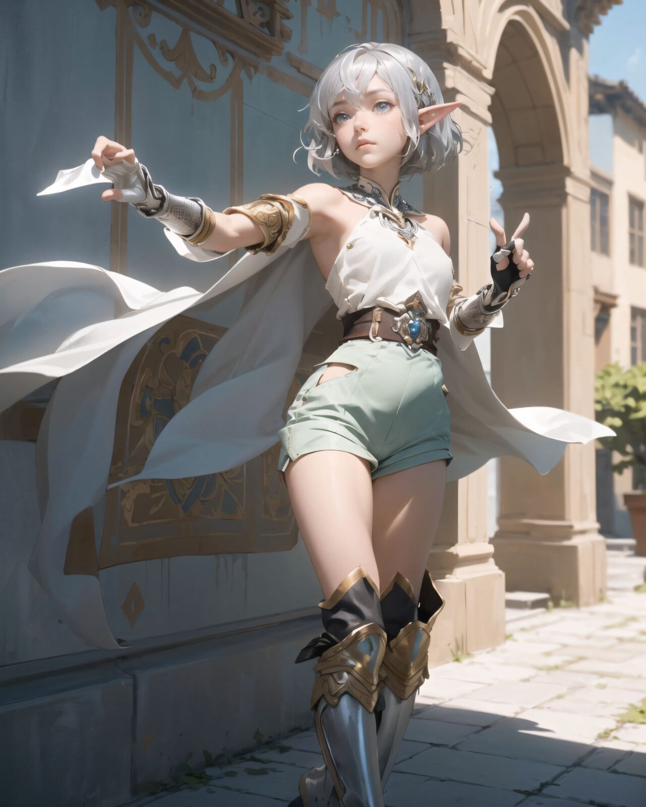 (masterpiece:1.3), (best quality:1.3),
((A charming young kawaii ero elven adventurer),
displaying an innocent yet determined expression,
((Her silver short hair flows gently in the wind):1.6),
complementing her deep emerald-green eyes,
She wears a traveler?s outfit inspired by the natural world:
- A fitted forest-green tunic with golden embroidery,
- A brown leather corset belt securing a utility pouch,
- A flowing dark green cape clasped with a golden brooch,
- Dark brown bracers and knee-high leather boots,
- A quiver of arrows slung across her back, a finely crafted elven bow in her hand,
- Gold-trimmed gloves with delicate vine-like patterns.
):1.2,
((shot of person naked):1.4),
((
Filia traces the inscription with her finger,
? Image Details
Background:
(She touches the inscription on the wall with her finger:1.5),
some of the letters she touches are glowing.
The surface of the wall is trembling slightly, showing signs of awakening ancient magic.
In the silence of the ruins, you can see the effect of faint energy waves rippling through the air.
Pose and expression of Philia:
She gently reaches out her finger to the wall and carefully traces the inscription.
She is surprised by the light that spreads out from the tip of her finger.
She senses that something will happen after this.
):1.4),
Soft natural lighting casts a warm glow on her features, highlighting the intricate details of her attire and accessories.
The image is captured with a cinematic composition, a balance of sharp focus on her expressive face and a blurred, immersive fantasy background
8k, ultra-detailed, intricate, sharp focus, depth-of-field, photorealistic, fantasy art, atmospheric lighting,
(EasyNegativeV2:-1.5), (worst quality, low quality:-1.2), (bad-hands-5:-1.2), (negative_hand-neg:-1.1)