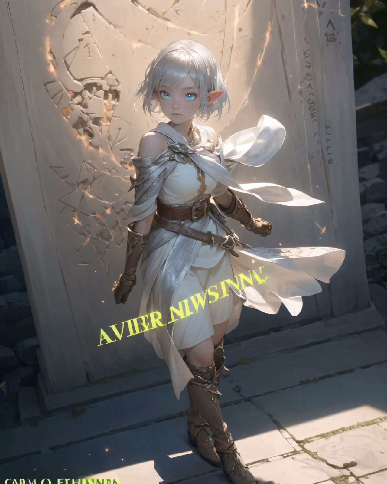 (masterpiece:1.3), (best quality:1.3),
((A charming young kawaii ero elven adventurer),
displaying an innocent yet determined expression,
((Her silver short hair flows gently in the wind):1.6),
complementing her deep emerald-green eyes,
She wears a traveler?s outfit inspired by the natural world:
- A fitted forest-green tunic with golden embroidery,
- A brown leather corset belt securing a utility pouch,
- A flowing dark green cape clasped with a golden brooch,
- Dark brown bracers and knee-high leather boots,
- A quiver of arrows slung across her back, a finely crafted elven bow in her hand,
- Gold-trimmed gloves with delicate vine-like patterns.
):1.2,
((overhead shot):1.4),
(((
The inscription gradually begins to glow, and the ancient characters begin to emerge clearly),
(Some of the characters begin to move, as if they are floating in mid-air),
(There are several magical symbols carved into the wall, suggesting that they are part of the seal),
(The air around you changes slightly, and you get the illusion that the ruins have come to life),
):2),
Soft natural lighting casts a warm glow on her features, highlighting the intricate details of her attire and accessories.
The image is captured with a cinematic composition, a balance of sharp focus on her expressive face and a blurred, immersive fantasy background
8k, ultra-detailed, intricate, sharp focus, depth-of-field, photorealistic, fantasy art, atmospheric lighting,
(EasyNegativeV2:-1.5), (worst quality, low quality:-1.2), (bad-hands-5:-1.2), (negative_hand-neg:-1.1)