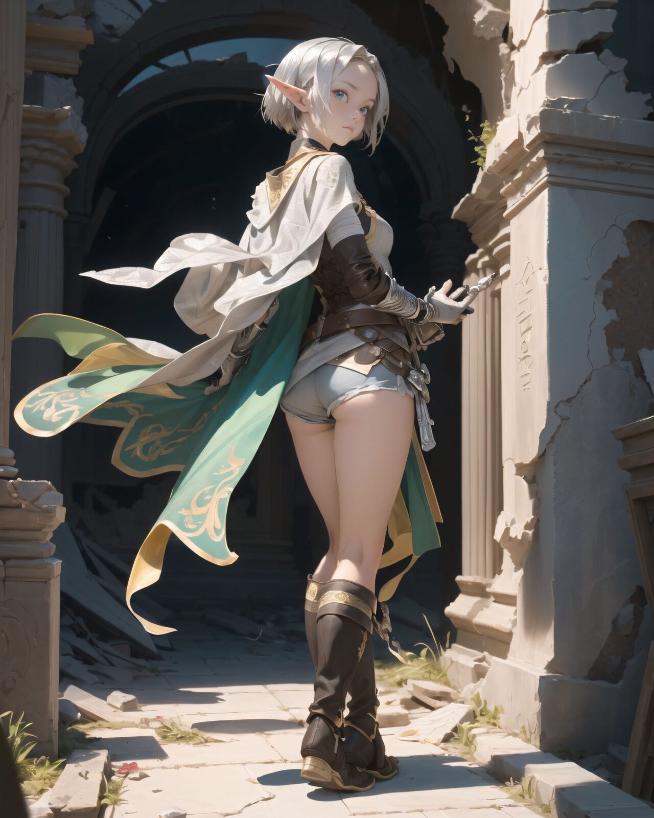 (masterpiece:1.3), (best quality:1.3),
((A charming young kawaii ero elven adventurer),
displaying an innocent yet determined expression,
((Her silver short hair flows gently in the wind):1.6),
complementing her deep emerald-green eyes,
She wears a traveler?s outfit inspired by the natural world:
- A fitted forest-green tunic with golden embroidery,
- A brown leather corset belt securing a utility pouch,
- A flowing dark green cape clasped with a golden brooch,
- Dark brown bracers and knee-high leather boots,
- A quiver of arrows slung across her back, a finely crafted elven bow in her hand,
- Gold-trimmed gloves with delicate vine-like patterns.
):1.2,
((full body shot):1.4),
((
((Strange characters are found carved into the wall):1.5),
? Image details
Background:
((Deep within the ruins, ancient inscriptions are carved densely all over the walls):1.5),
The characters are similar to the old Elven language, but have a somewhat different atmosphere.
The surface is smooth, but some of the characters are beginning to fade due to the passage of time.
A pale blue light pulses slowly, enveloping some of the inscriptions.
Pose/expression of Filia:
She stops and looks at the inscription on the wall with interest.
Her eyes are narrowed as she concentrates on trying to decipher it.
She puts one hand on her chin and looks thoughtful.
):1.4),
Soft natural lighting casts a warm glow on her features, highlighting the intricate details of her attire and accessories.
The image is captured with a cinematic composition, a balance of sharp focus on her expressive face and a blurred, immersive fantasy background
8k, ultra-detailed, intricate, sharp focus, depth-of-field, photorealistic, fantasy art, atmospheric lighting,
(EasyNegativeV2:-1.5), (worst quality, low quality:-1.2), (bad-hands-5:-1.2), (negative_hand-neg:-1.1)