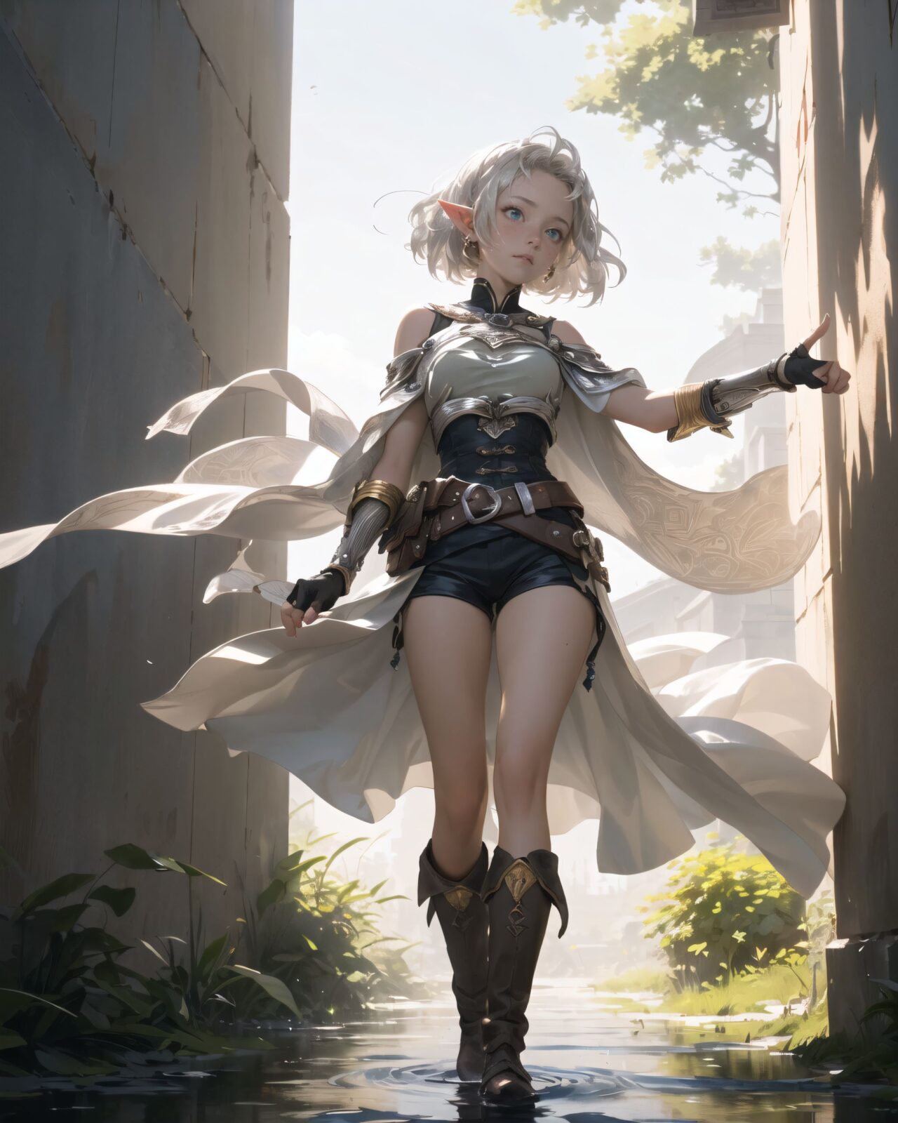 (masterpiece:1.3), (best quality:1.3),
((A charming young kawaii ero elven adventurer),
displaying an innocent yet determined expression,
((Her silver short hair flows gently in the wind):1.6),
complementing her deep emerald-green eyes,
She wears a traveler?s outfit inspired by the natural world:
- A fitted forest-green tunic with golden embroidery,
- A brown leather corset belt securing a utility pouch,
- A flowing dark green cape clasped with a golden brooch,
- Dark brown bracers and knee-high leather boots,
- A quiver of arrows slung across her back, a finely crafted elven bow in her hand,
- Gold-trimmed gloves with delicate vine-like patterns.
):1.2,
((shot mainly depicting the background):1.4),
((
Filia traces the inscription with her finger,
? Image Details
Background:
(She touches the inscription on the wall with her finger:1.5),
some of the letters she touches are glowing.
The surface of the wall is trembling slightly, showing signs of awakening ancient magic.
In the silence of the ruins, you can see the effect of faint energy waves rippling through the air.
Pose and expression of Philia:
She gently reaches out her finger to the wall and carefully traces the inscription.
She is surprised by the light that spreads out from the tip of her finger.
She senses that something will happen after this.
):1.4),
Soft natural lighting casts a warm glow on her features, highlighting the intricate details of her attire and accessories.
The image is captured with a cinematic composition, a balance of sharp focus on her expressive face and a blurred, immersive fantasy background
8k, ultra-detailed, intricate, sharp focus, depth-of-field, photorealistic, fantasy art, atmospheric lighting,
(EasyNegativeV2:-1.5), (worst quality, low quality:-1.2), (bad-hands-5:-1.2), (negative_hand-neg:-1.1)