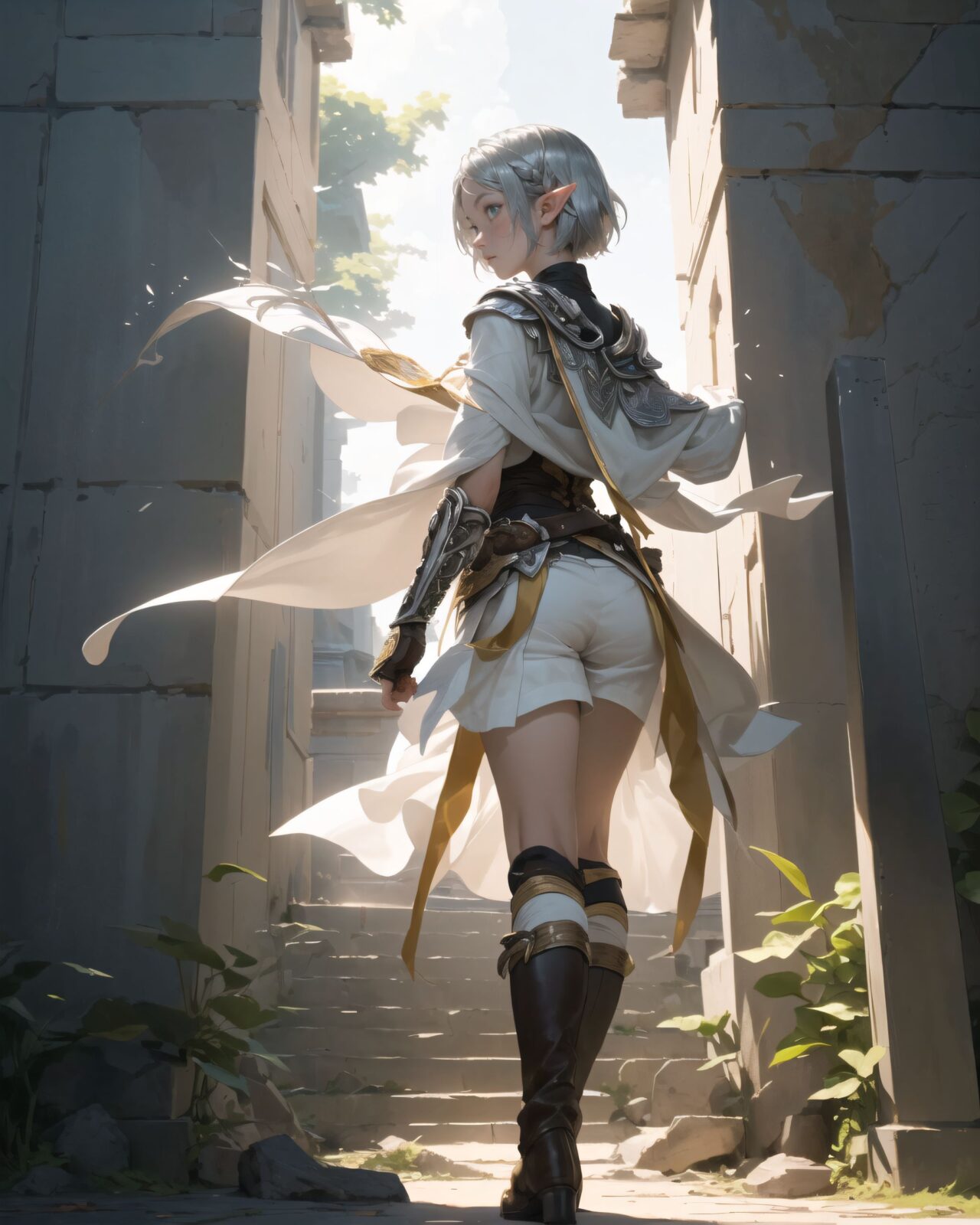 (masterpiece:1.3), (best quality:1.3),
((A charming young kawaii ero elven adventurer),
displaying an innocent yet determined expression,
((Her silver short hair flows gently in the wind):1.6),
complementing her deep emerald-green eyes,
She wears a traveler?s outfit inspired by the natural world:
- A fitted forest-green tunic with golden embroidery,
- A brown leather corset belt securing a utility pouch,
- A flowing dark green cape clasped with a golden brooch,
- Dark brown bracers and knee-high leather boots,
- A quiver of arrows slung across her back, a finely crafted elven bow in her hand,
- Gold-trimmed gloves with delicate vine-like patterns.
):1.2,
((shot from behind):1.4),
((
Filia traces the inscription with her finger,
? Image Details
Background:
(She touches the inscription on the wall with her finger:1.5),
some of the letters she touches are glowing.
The surface of the wall is trembling slightly, showing signs of awakening ancient magic.
In the silence of the ruins, you can see the effect of faint energy waves rippling through the air.
Pose and expression of Philia:
She gently reaches out her finger to the wall and carefully traces the inscription.
She is surprised by the light that spreads out from the tip of her finger.
She senses that something will happen after this.
):1.4),
Soft natural lighting casts a warm glow on her features, highlighting the intricate details of her attire and accessories.
The image is captured with a cinematic composition, a balance of sharp focus on her expressive face and a blurred, immersive fantasy background
8k, ultra-detailed, intricate, sharp focus, depth-of-field, photorealistic, fantasy art, atmospheric lighting,
(EasyNegativeV2:-1.5), (worst quality, low quality:-1.2), (bad-hands-5:-1.2), (negative_hand-neg:-1.1)