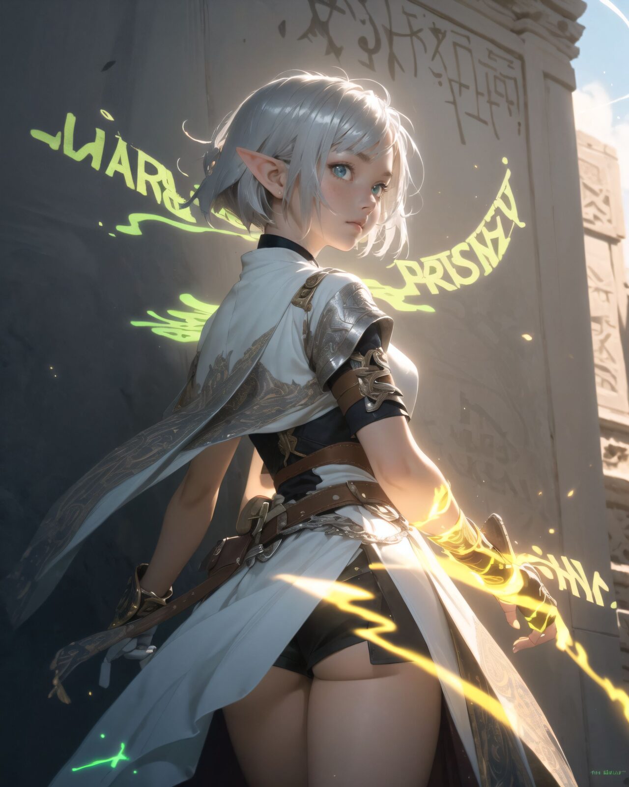 (masterpiece:1.3), (best quality:1.3),
((A charming young kawaii ero elven adventurer),
displaying an innocent yet determined expression,
((Her silver short hair flows gently in the wind):1.6),
complementing her deep emerald-green eyes,
She wears a traveler?s outfit inspired by the natural world:
- A fitted forest-green tunic with golden embroidery,
- A brown leather corset belt securing a utility pouch,
- A flowing dark green cape clasped with a golden brooch,
- Dark brown bracers and knee-high leather boots,
- A quiver of arrows slung across her back, a finely crafted elven bow in her hand,
- Gold-trimmed gloves with delicate vine-like patterns.
):1.2,
((shot from behind):1.4),
((
The inscription gradually begins to glow, and the ancient characters begin to emerge clearly),
(Some of the characters begin to move, as if they are floating in mid-air),
(There are several magical symbols carved into the wall, suggesting that they are part of the seal),
(The air around you changes slightly, and you get the illusion that the ruins have come to life),
:2),
Soft natural lighting casts a warm glow on her features, highlighting the intricate details of her attire and accessories.
The image is captured with a cinematic composition, a balance of sharp focus on her expressive face and a blurred, immersive fantasy background
8k, ultra-detailed, intricate, sharp focus, depth-of-field, photorealistic, fantasy art, atmospheric lighting,
(EasyNegativeV2:-1.5), (worst quality, low quality:-1.2), (bad-hands-5:-1.2), (negative_hand-neg:-1.1)