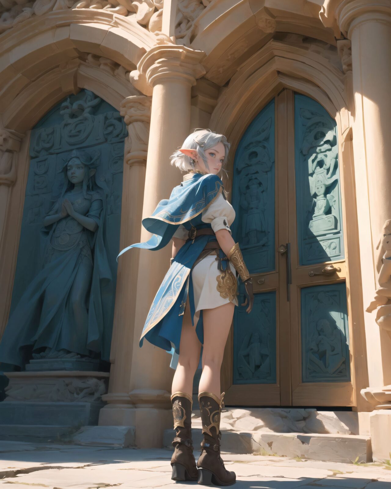(masterpiece:1.3), (best quality:1.3),
A charming young kawaii ero elven adventurer, displaying an innocent yet determined expression,
Her silver short hair flows gently in the wind, complementing her deep emerald-green eyes,
She wears a traveler?s outfit inspired by the natural world:
- A fitted forest-green tunic with golden embroidery,
- A brown leather corset belt securing a utility pouch,
- A flowing dark green cape clasped with a golden brooch,
- Dark brown bracers and knee-high leather boots,
- A quiver of arrows slung across her back, a finely crafted elven bow in her hand,
- Gold-trimmed gloves with delicate vine-like patterns.
She stands gracefully in a lush, mystical setting, embodying an aura of adventure and curiosity.
Soft natural lighting casts a warm glow on her features, highlighting the intricate details of her attire and accessories.
The image is captured with a cinematic composition, a balance of sharp focus on her expressive face and a blurred, immersive fantasy background.
((
Standing before a mysterious ancient stone door covered in elaborate carvings,
Faintly glowing magical symbols swirling across its surface,
A large, circular magic sigil appears on the ground, emitting a soft golden-blue light,
Particles of magic float in the air, creating an ethereal atmosphere,
Filia stands cautiously, sensing the magic as she prepares to decipher the ancient seal
):1.5),
(8k, ultra-detailed, intricate, sharp focus, depth-of-field, photorealistic, fantasy art, atmospheric lighting)
(EasyNegativeV2:-1.5), (worst quality, low quality:-1.2), (bad-hands-5:-1.2), (negative_hand-neg:-1.1)