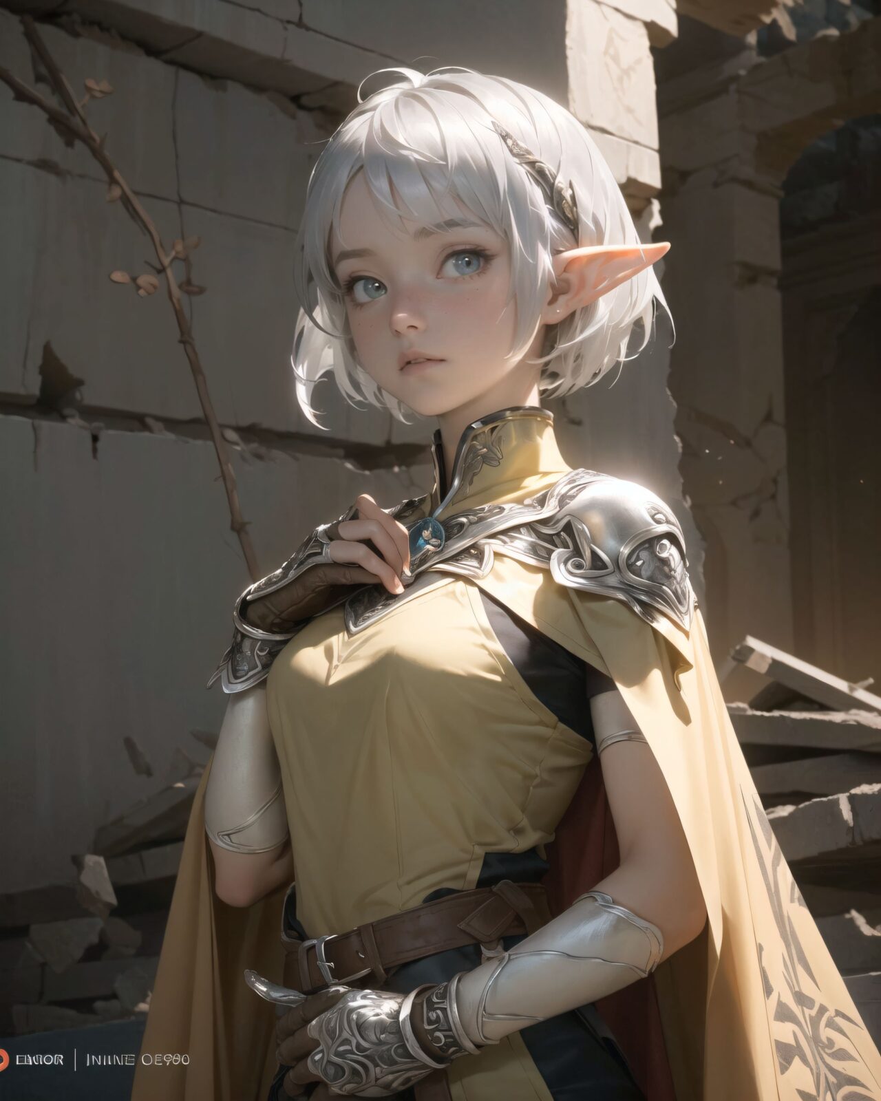 (masterpiece:1.3), (best quality:1.3),
((A charming young kawaii ero elven adventurer),
displaying an innocent yet determined expression,
((Her silver short hair flows gently in the wind):1.6),
complementing her deep emerald-green eyes,
She wears a traveler?s outfit inspired by the natural world:
- A fitted forest-green tunic with golden embroidery,
- A brown leather corset belt securing a utility pouch,
- A flowing dark green cape clasped with a golden brooch,
- Dark brown bracers and knee-high leather boots,
- A quiver of arrows slung across her back, a finely crafted elven bow in her hand,
- Gold-trimmed gloves with delicate vine-like patterns.
):1.2,
((upper body shot):1.4),
((
((Strange characters are found carved into the wall):1.5),
? Image details
Background:
((Deep within the ruins, ancient inscriptions are carved densely all over the walls):1.5),
The characters are similar to the old Elven language, but have a somewhat different atmosphere.
The surface is smooth, but some of the characters are beginning to fade due to the passage of time.
A pale blue light pulses slowly, enveloping some of the inscriptions.
Pose/expression of Filia:
She stops and looks at the inscription on the wall with interest.
Her eyes are narrowed as she concentrates on trying to decipher it.
She puts one hand on her chin and looks thoughtful.
):1.4),
Soft natural lighting casts a warm glow on her features, highlighting the intricate details of her attire and accessories.
The image is captured with a cinematic composition, a balance of sharp focus on her expressive face and a blurred, immersive fantasy background
8k, ultra-detailed, intricate, sharp focus, depth-of-field, photorealistic, fantasy art, atmospheric lighting,
(EasyNegativeV2:-1.5), (worst quality, low quality:-1.2), (bad-hands-5:-1.2), (negative_hand-neg:-1.1)