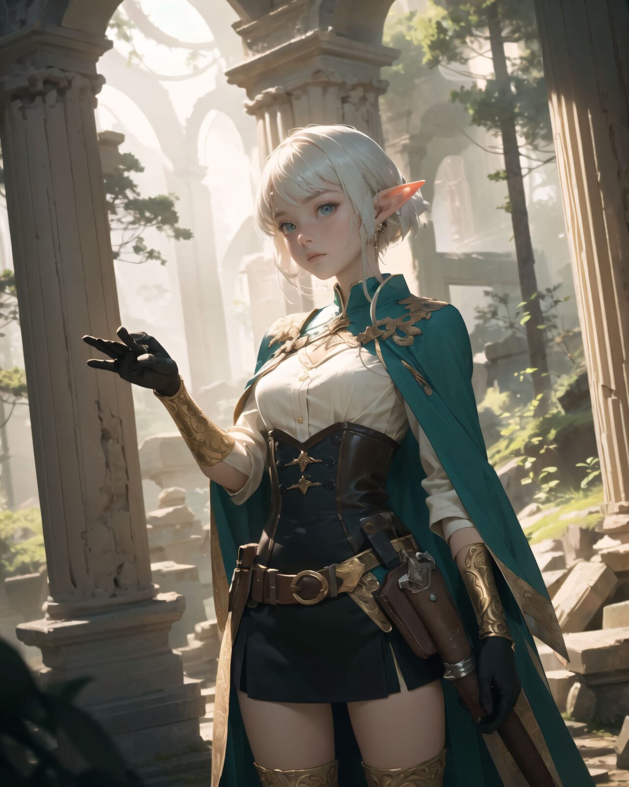 (masterpiece:1.3), (best quality:1.3),
A charming young kawaii ero elven adventurer, displaying an innocent yet determined expression,
Her silver short hair flows gently in the wind, complementing her deep emerald-green eyes,
She wears a traveler?s outfit inspired by the natural world:
- A fitted forest-green tunic with golden embroidery,
- A brown leather corset belt securing a utility pouch,
- A flowing dark green cape clasped with a golden brooch,
- Dark brown bracers and knee-high leather boots,
- A quiver of arrows slung across her back, a finely crafted elven bow in her hand,
- Gold-trimmed gloves with delicate vine-like patterns.
((cowboy shot):1.4),
She embodies an aura of adventure and curiosity with her elegant and mysterious style.
Soft natural lighting casts a warm glow on her features, highlighting the intricate details of her attire and accessories.
The image is captured with a cinematic composition, a balance of sharp focus on her expressive face and a blurred, immersive fantasy background.
((
Standing before an ancient ruin deep within a mystical forest,
Towering stone pillars covered in moss and glowing ancient inscriptions carved into weathered stone,
Golden sunlight filtering through dense foliage, casting ethereal light onto the sacred ruins,
A mysterious aura emanates from the ruins, swirling magical particles in the air,
Filia stands cautiously, gazing upon the ruins with wonder and curiosity
):1.2),
Soft natural lighting casts a warm glow on her features, highlighting the intricate details of her attire and accessories.
The image is captured with a cinematic composition, a balance of sharp focus on her expressive face and a blurred, immersive fantasy background.
8k, ultra-detailed, intricate, sharp focus, depth-of-field, photorealistic, fantasy art, atmospheric lighting,
(EasyNegativeV2:-1.5), (worst quality, low quality:-1.2), (bad-hands-5:-1.2), (negative_hand-neg:-1.1)