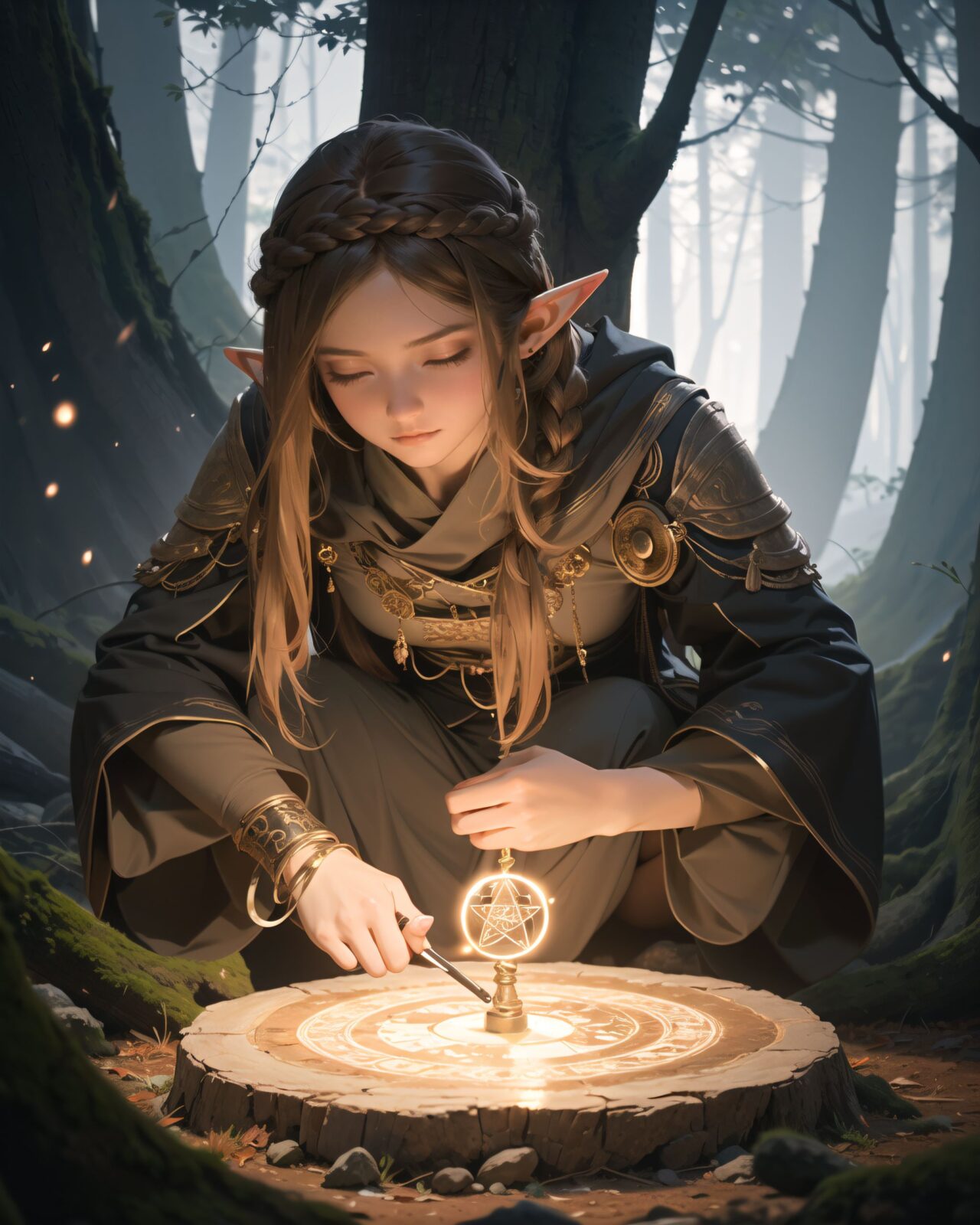 (Masterpiece, top quality),
close-up shot,
a girl who is an elf adventurer is gently touching the ancient rune characters carved into the roots of a giant tree.
The magic circle is shining orange.
She is illuminated by the glow of the magic circle.
A mysterious atmosphere is created by the ethereal mist swirling faintly in the background.
8K, super-fine detail, realistic, sharp focus, soft light, mysterious fantasy atmosphere.